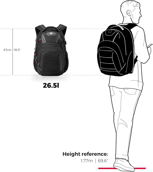 Swissdigital Design Men's Laptop Backpack for College and Business Travel with Integrated USB Charging Port and RFID Protection Fits Laptops up to 15.6 in, Black | J14-BR