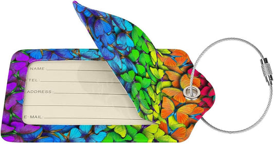 2 Pack Luggage Tag for Suitcases, Colorful Backpack Tag with Beautiful Butterflies Pattern Leather Suitcase Tags Identifiers with Privacy Name Address Labels & Durable Steel Loop for Women Men Travel