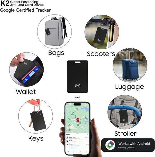 Android Smart Item Tracker Locator - SEVEN SWAN Bluetooth for Google Finder Card with Wireless Charging & 3-Month Battery for Credit Cards Black