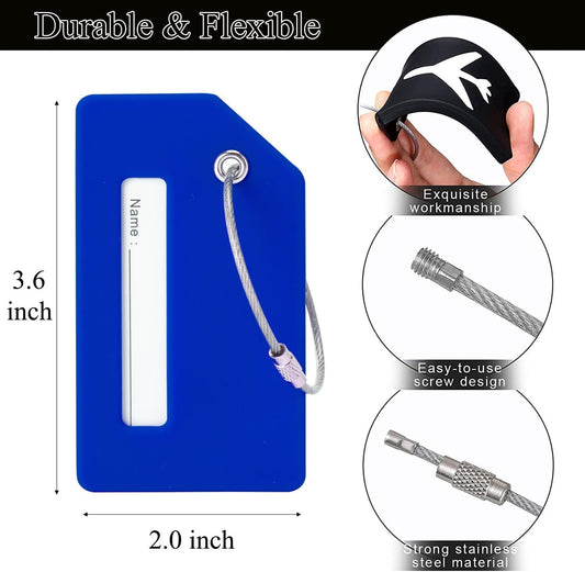 6 Pack Silicone Luggage Tag for Suitcases with Stainless Loop, Privacy Protection Travel Bag Tags Perfect to Quickly Spot Baggage Handbag (Dark Blue)