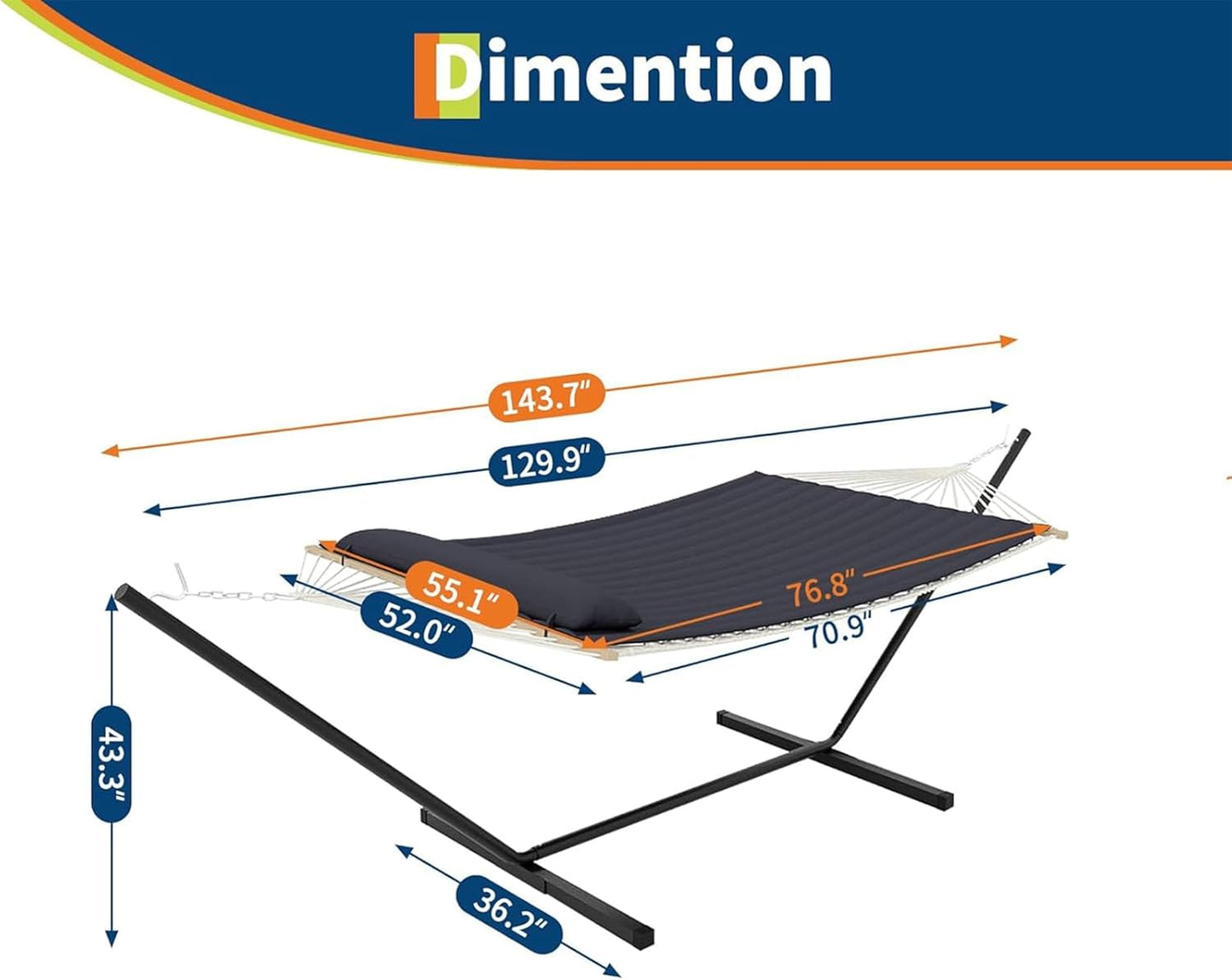 Double Hammock with Stand for 2 Persons Outdoor,Heavy Duty 450lb Capacity,with Portable Steel Frame,Cotton Rope,Polyester Pad and Carry Bag,Perfect for Garden Camping Beach Backyard Patio