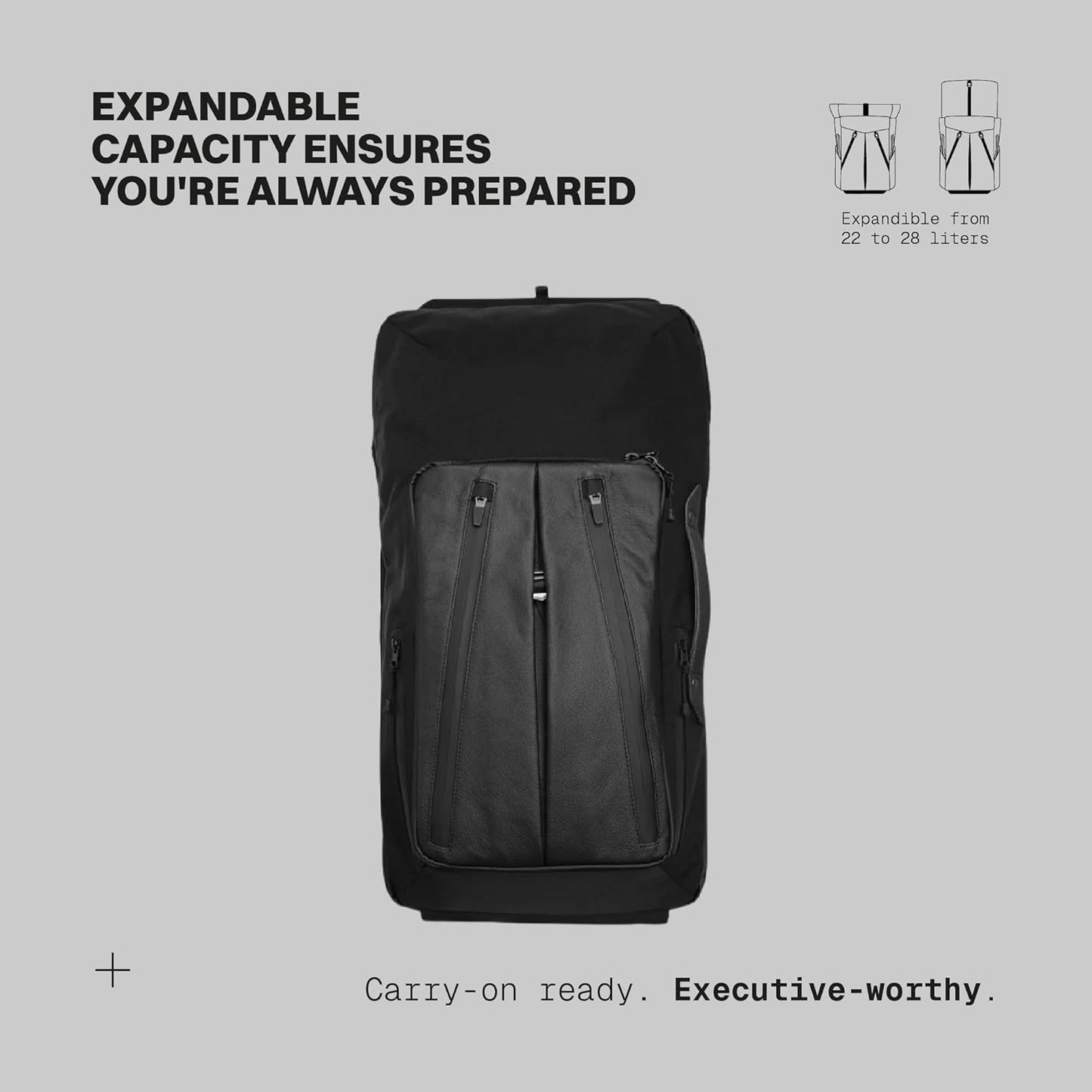 The Frenchie Co. - Work/Travel Speed Backpack - Expandable 23-30 L Laptop Pack - Anti-theft magnetic closure - Ballistic nylon body with full-grain Italian leather trim