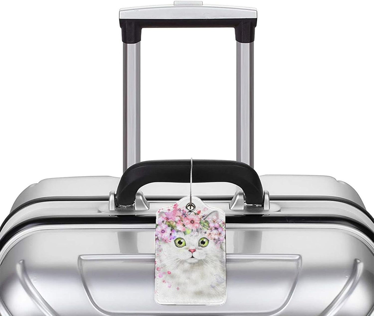 2 Pcs Cute White Cat with Pink Flowers Pattern Leather Luggage Tags, Funny Animal-Themed Suitcase Labels Bag Tag Name ID Labels with Privacy Cover for Teen Kids Adults