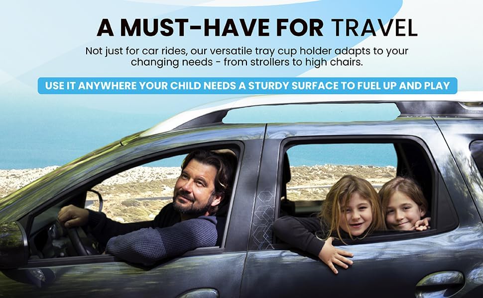 Complete Kids Travel Tray Kit - Easily Expands Cup Holder into 360° Cup & Travel Tray for Kids Car Seat, Booster, and Stroller - Toddler Road Trip Essentials Set Includes Coaster & Brush (Blue)