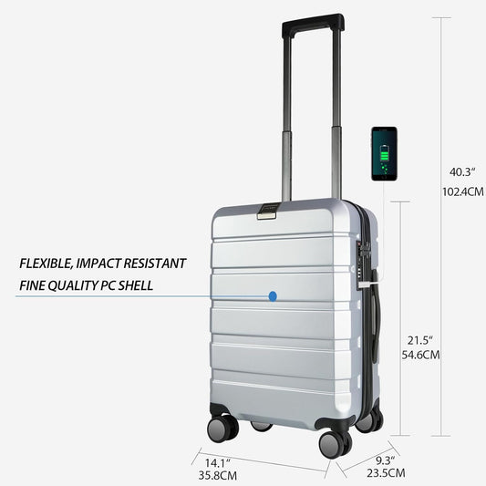 KROSER Hardside Expandable Carry On Luggage with Spinner Wheels & Built-in TSA Lock, Durable Suitcase Rolling Luggage with USB Port, Carry-On 20-Inch, Silver Grey