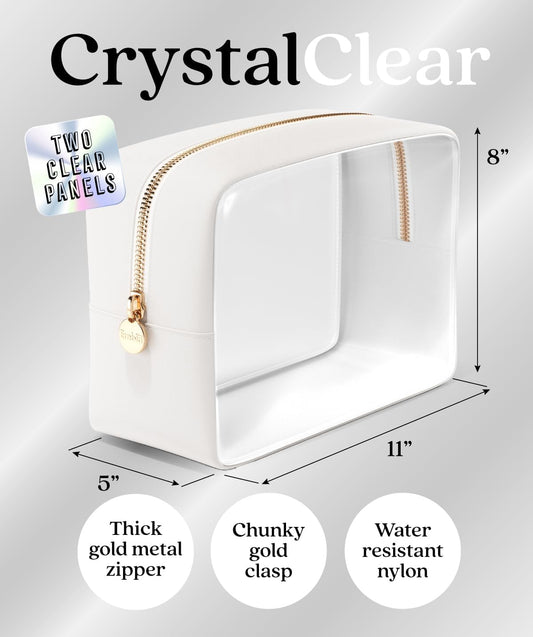 Clear Makeup Bag Zipper Pouch, Transparent Cosmetic Case Organizer, TSA Approved Travel Toiletry Case, Travel Accessories Essentials Makeup Tote for Women, Large Cute Make up Bag for Purse - White