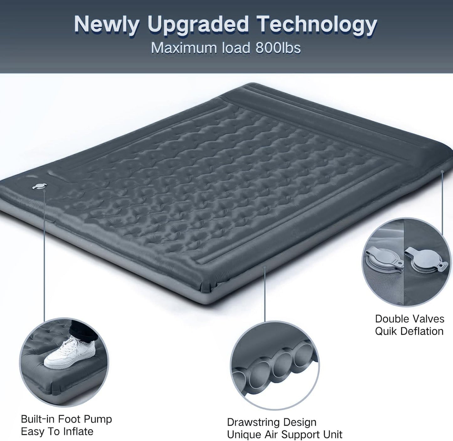 Double Sleeping Pad Camping, Self Inflating 6'' Extra-Thick 2 Person Pillow Built-in Foot Pump Waterproof Inflatable Sleeping Mat Backpacking, Tent, Hiking, Portable Camping Pad (Light Gray)