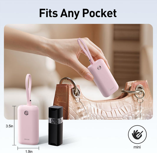 iWALK Mini Portable Charger 10,000mAh, 22.5W USB-C Fast Charging Power Bank with Built-in Cable, Travel Essential Ultra-Small Battery Pack Compatible for iPhone 16/16 Pro/15, Samsung, Google, Pink