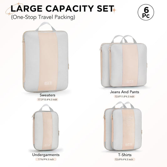 6 Set Compression Packing Cubes for Travel Essentials,Compressible Expandable Packing Cubes for Suitcase,OlarHike Luggage Organizer Bags for Travel,Handy Helper for Organizing Clothes(Beige)