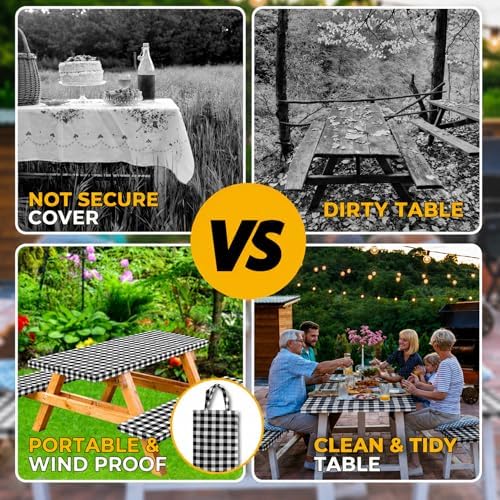 Premium Vinyl Fitted Picnic Table Cover with Bench Covers & Bag, Outdoor Waterproof & Windproof Durable Tablecloth with Elastic Edges, Camping Essentials, RV Gear, 72x30 Inches, Black Checkered - 6 FT