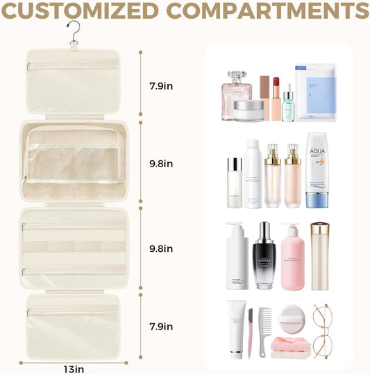 Toiletry Bag For women,Portable Hanging Organizer,4 Leakproof Compartment for full-sized Conditioner, Brushes Set, Makeup Accessories,Visible and easy to access.L-beige