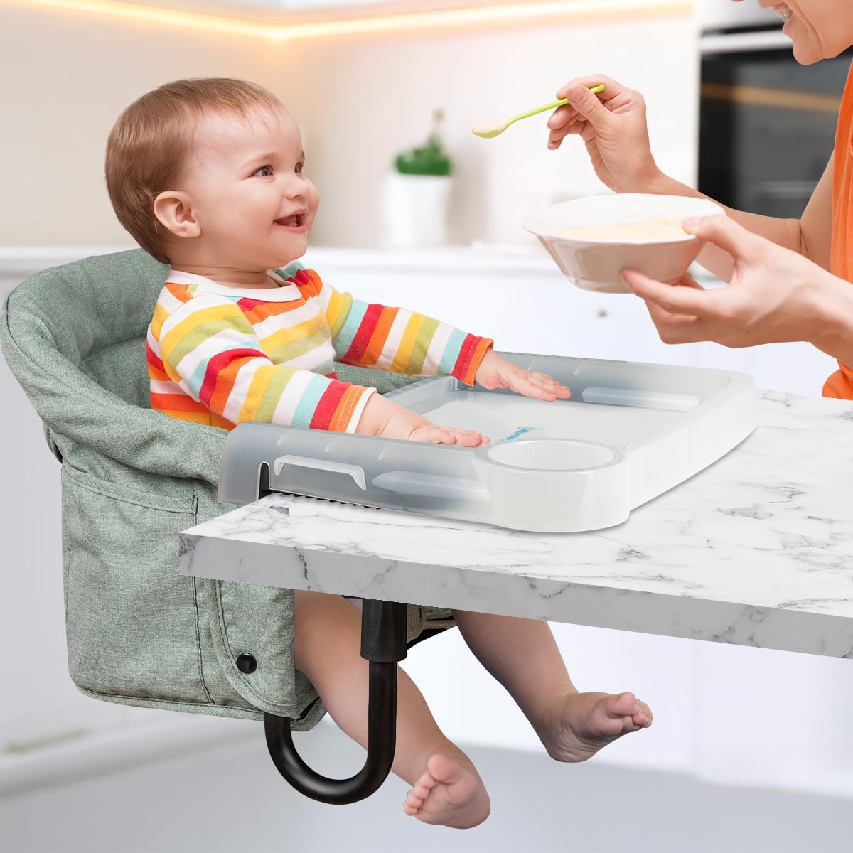 Hook On Chair with Removable Dining Tray,Portable Hook-On Chairs with Storage Bag,for Home and Travel(Sage Green)