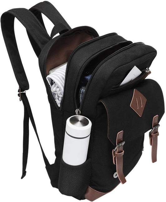 Canvas Backpack for Men Women, Vintage Rucksack Fits Most 15.6 Inch Laptop, Bookbag with USB Charging Port, Black