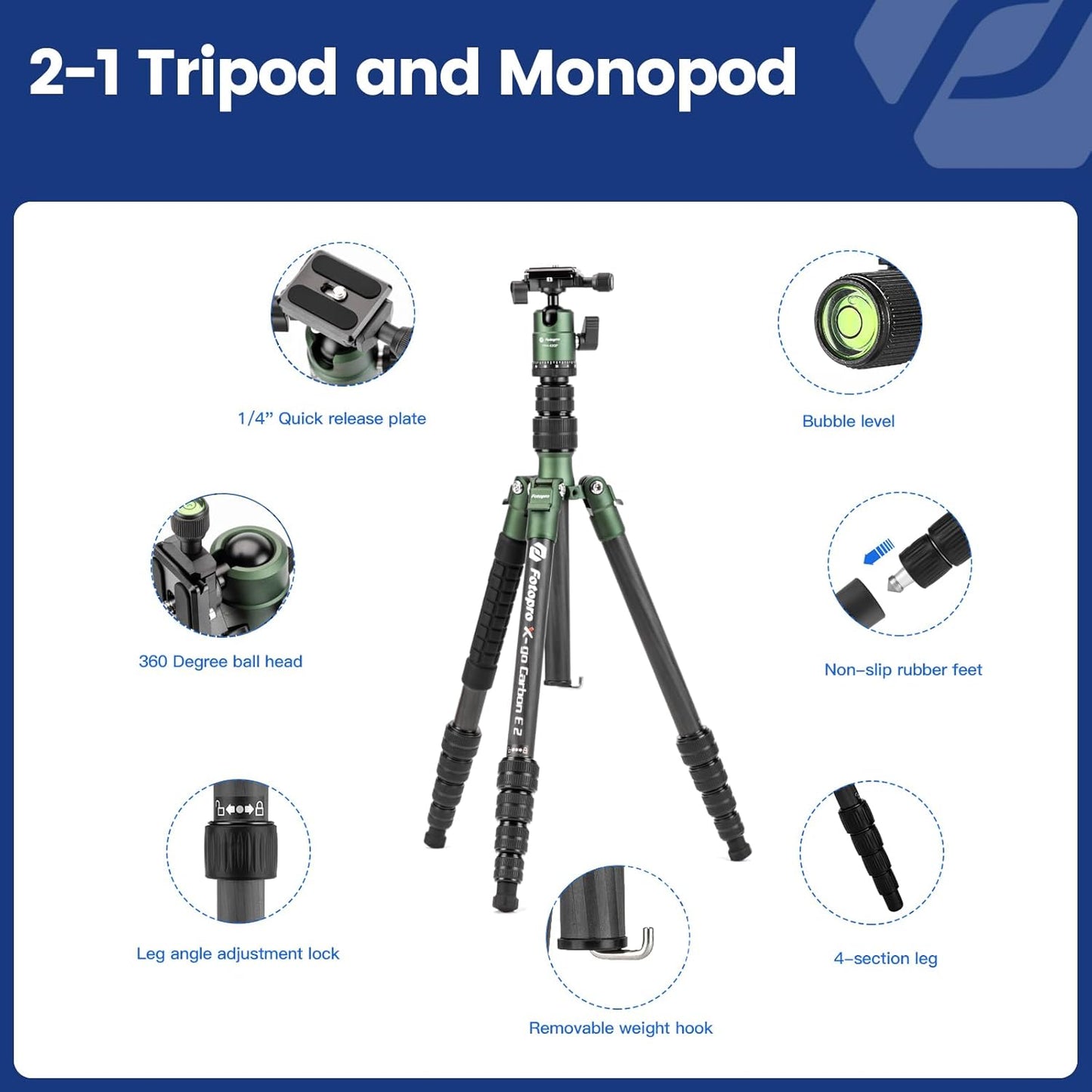 Fotopro 59" Carbon Fiber Travel Tripod, Compact Camera Tripod with Metal Ball Head, Detachable Monopod with Quick Release Plate and Bag, Load up to 8KG/17.63lbs