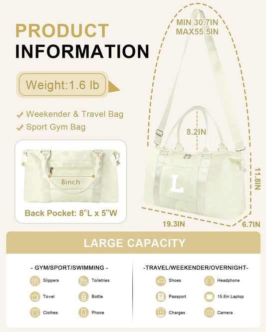Initial Travel Duffel Bag Sports Gym Bag for Kids Teen Birthday Gifts,Beige Personalized Weekender Bag Carry On Dance Bags for Women Men,Waterproof Monogram Overnight Bag with Trolley Sleeve(Letter L)