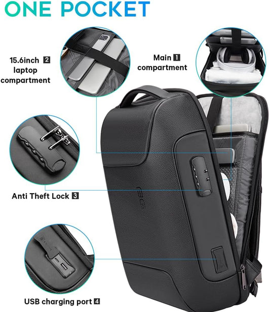 BANGE Black Genuine Leather Laptop Backpack for Men,Anti Theft Business Backpack with USB3.0 Charging Port, Smart Professional Lightweight Travel Backpacks for 15.6 Inch Laptop…