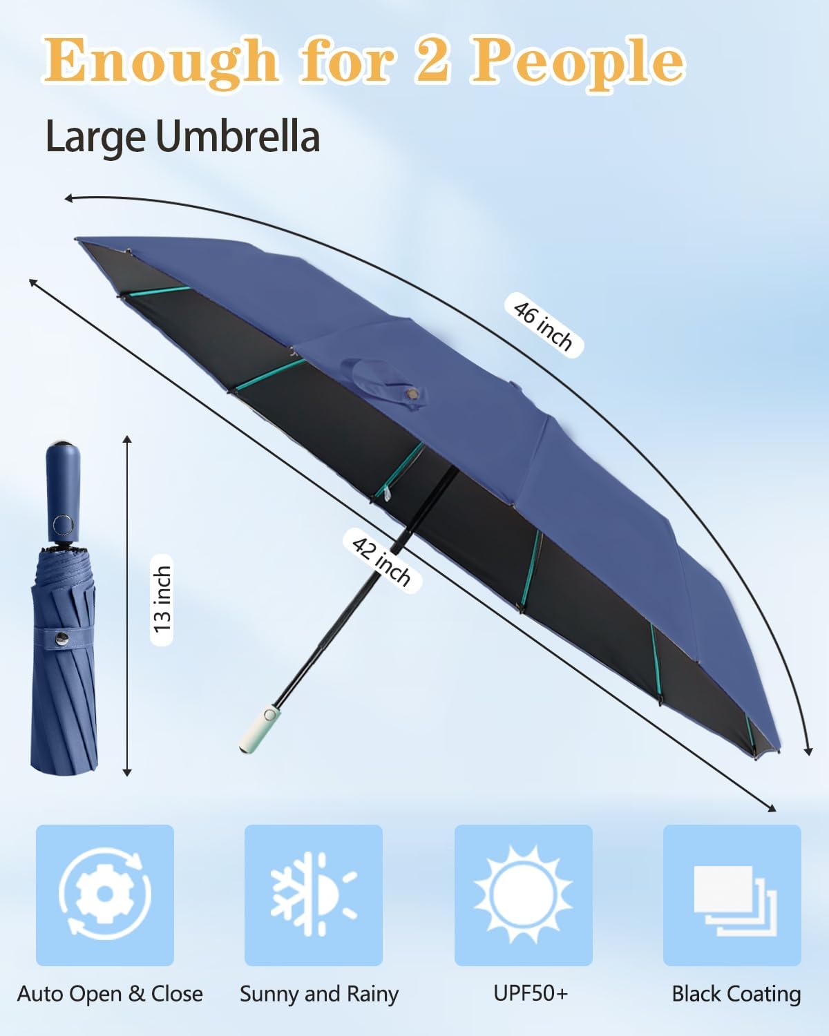 Large Double-Ribs Umbrella Automatic Folding Umbrella for Women Men, Travel, UPF 50+ UV Protection