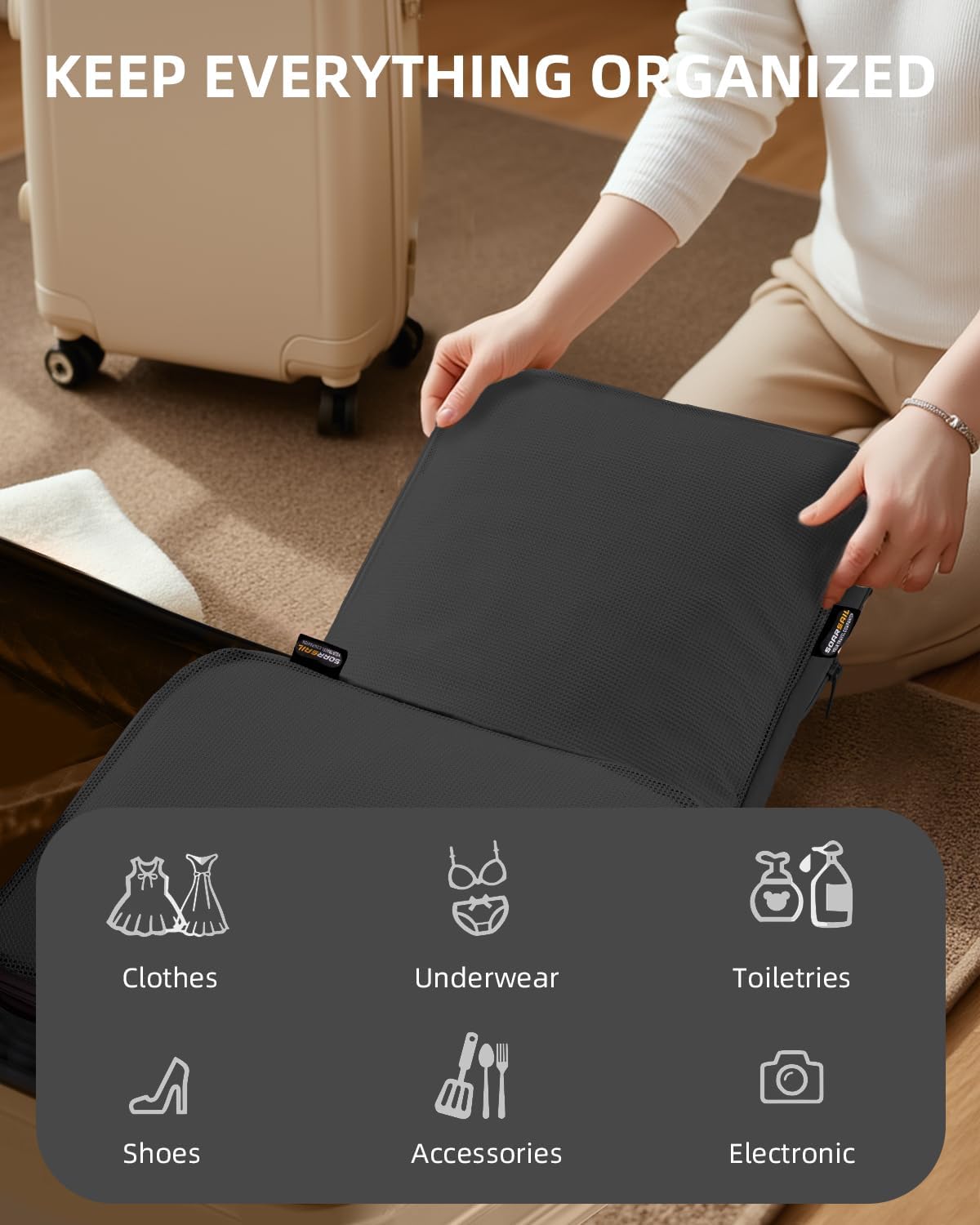 6 Set Compression Packing Cubes for Travel, Large Medium Small Luggage Organizers, Storage Bags for Clothes (6 Pack, Pure Black)