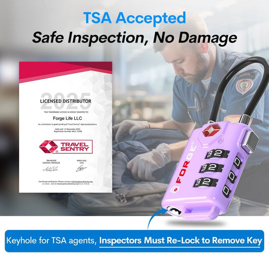Forge TSA Approved Luggage Locks, Re-settable Combination with Alloy Body, Light Purple 2 PK, for Luggage, Suitcase, Backpack and More.