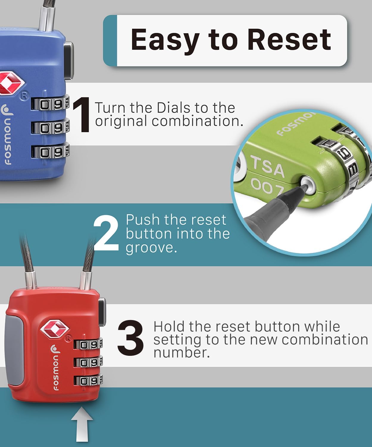 Fosmon TSA Approved Luggage Locks, Cable Suitcase Travel Lock, 3 Digit Long Shackle Combination Padlock, Wire Lock for Gym Locker, Backpack Anti Theft