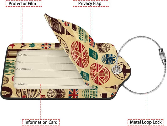 Travel Icons 2 Pack Luggage Tag for Suitcase, Cute Unique Leather Bag Tags Identifiers Privacy Cover ID Label with Steel Loop for Women Men Kids Girls Travel