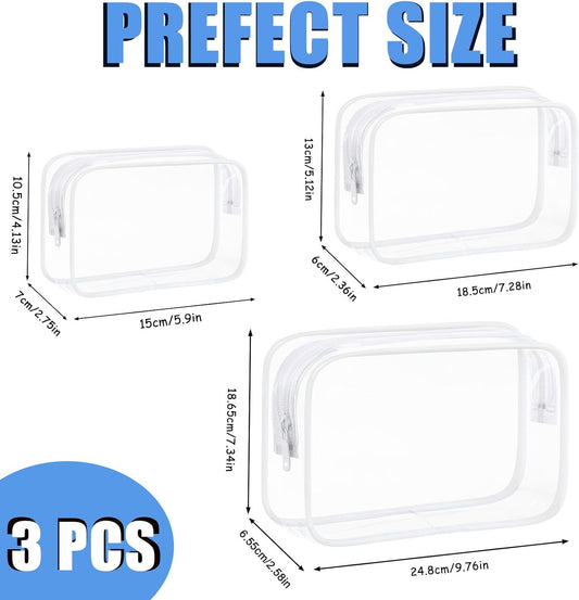 3 Pack Clear Makeup Bags, Waterproof Toiletry Bag with Zipper, Transparent Travel Cosmetic Bag, TSA Approved Clear Organizer Bags, PVC Cosmetic Pouch Case for Vacation Airport Airline Compliant