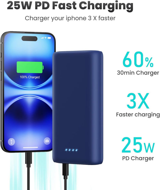 Portable Charger Power Bank 40,800mAh 25W Fast Charging USB C Portable Charger with 2 Built in Cables,5 Outputs & QC 4.0 Quick Phone Charging Battery Pack Compatible with iPhone 16/15/Android (Blue)