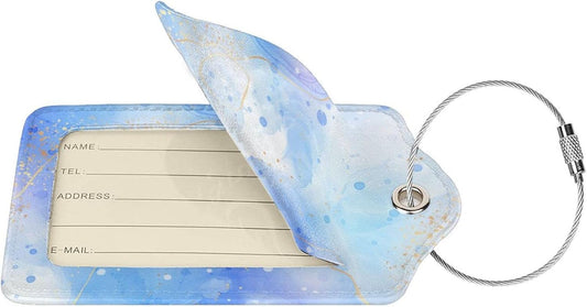 Light Blue Luggage Tags for Suitcases, 2 Pieces PU Leather Bag Tags with Full Back Privacy Cover Name ID Card Stainless Steel Loop, Blue and Gold Marble Baggage Tags for Women Girls Men Boys Travel