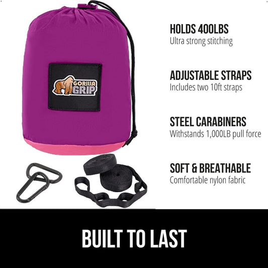 GORILLA GRIP Durable Portable Camping Hammock, Holds 400lbs with Heavy Duty Tree Straps, Comfortable Travel Swing, Camp Hammocks, Easy to Use and Install, Outdoor Essentials, Purple, 9x4.5 FT