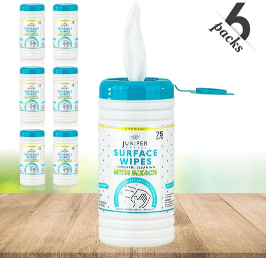 6 Pack Surface Cleaning Wipes with Bleach, All-Purpose Cleaner for Bathroom, Kitchen, Office, 450 Count Canister, Fresh Scent, 7.5" x 7" Sheet, Lint Free & Durable