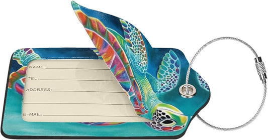 Sea Turtle Leather Luggage Tag with Stainless Steel Ring, Fun Name Id Card Cover Travel Bag Tag Set, Suitable for Travel Bag Luggage Women Men 1 PCS