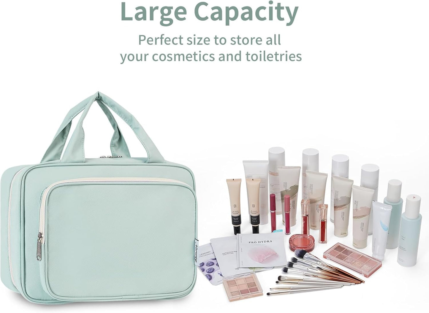 Travel Toiletry Bag for Women Large Hanging Makeup Bag Organizer Toiletries Bag for Full Size Essentials Accessories Cosmetics (Mint Green (Large))