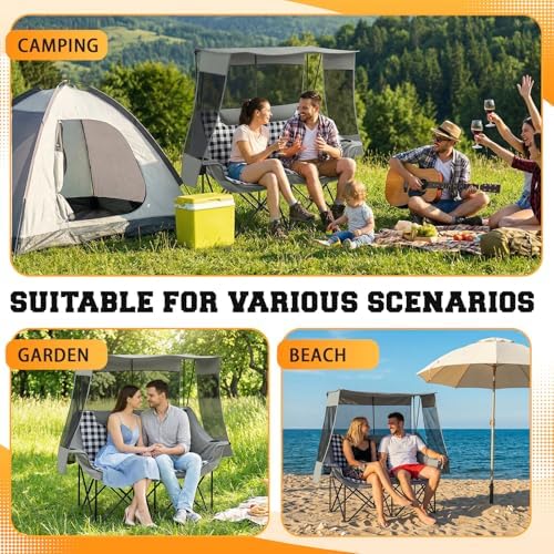 Teenyyou Double Camping Chair with Canopy 660lbs Heavy Duty, Grey Plaid