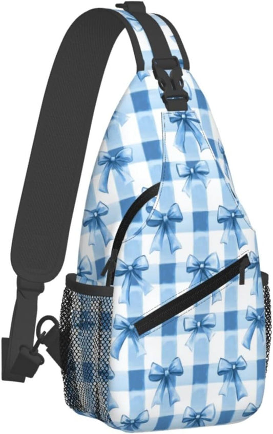 SUPLUCHOM Sling Bag Blue Bows Check Hiking Daypack Crossbody Shoulder Backpack Travel Chest Pack for Men Women