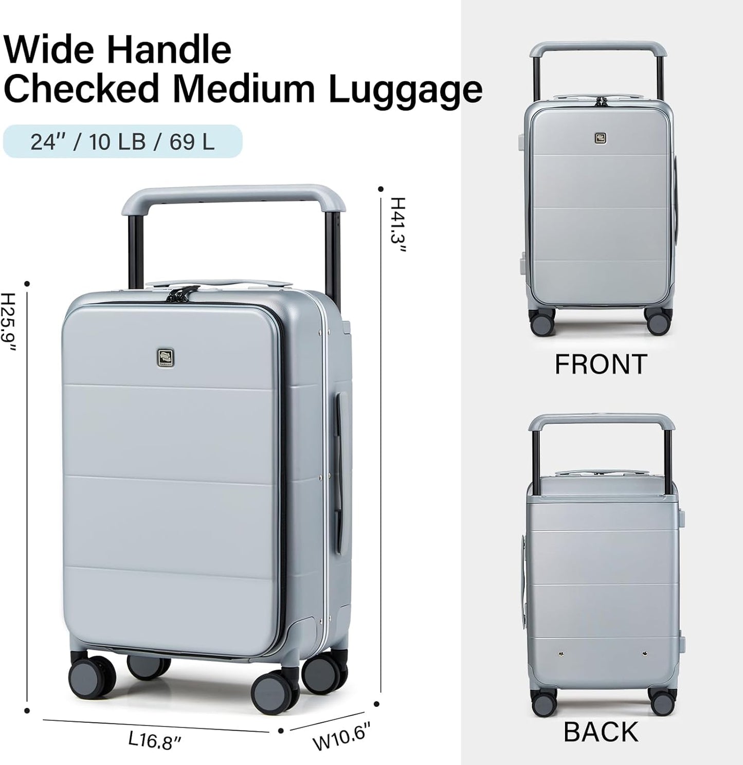 Hanke Top Opening 24 Inch Luggage with Spinner Wheels, Aluminum Frame All-PC Hard Shell Medium Suitcase, Zipperless Trunk Wide Handle Luggage, TSA Checked-Medium(Grey, 69L)