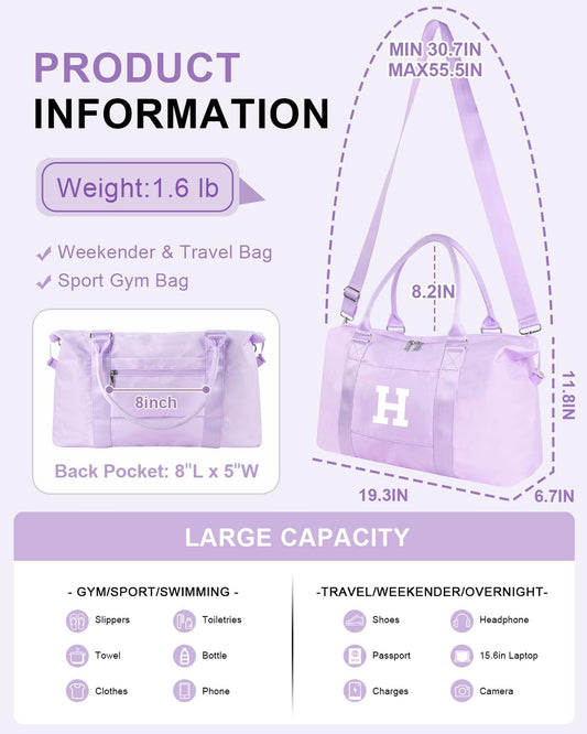 Daughter Niece Gifts for Teen Girl Kids, Initial Travel Duffel Bag Sports Gym Bag Personalized Gifts Weekender Bag,Monogram Overnight Bag Cute Dance Bag Birthday Bridesmaid Gifts for Women(Purple, H)