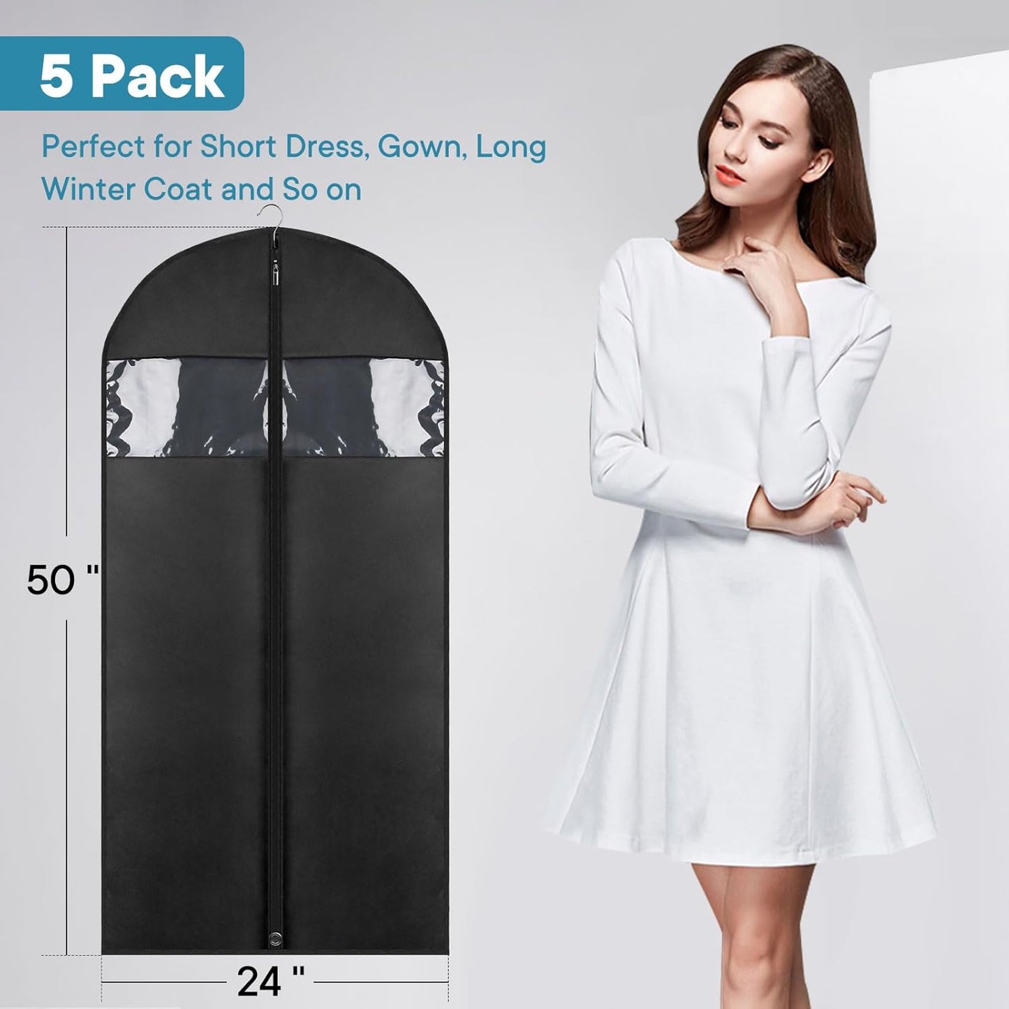 5 Pack - Moucas 50" Black Garment Bag, Mens Suit Bags for Closet Storage and Travel, Garment Bags for Hanging Clothes, Suit Cover Bags with Zipper for Coats, Dresses, Shirts