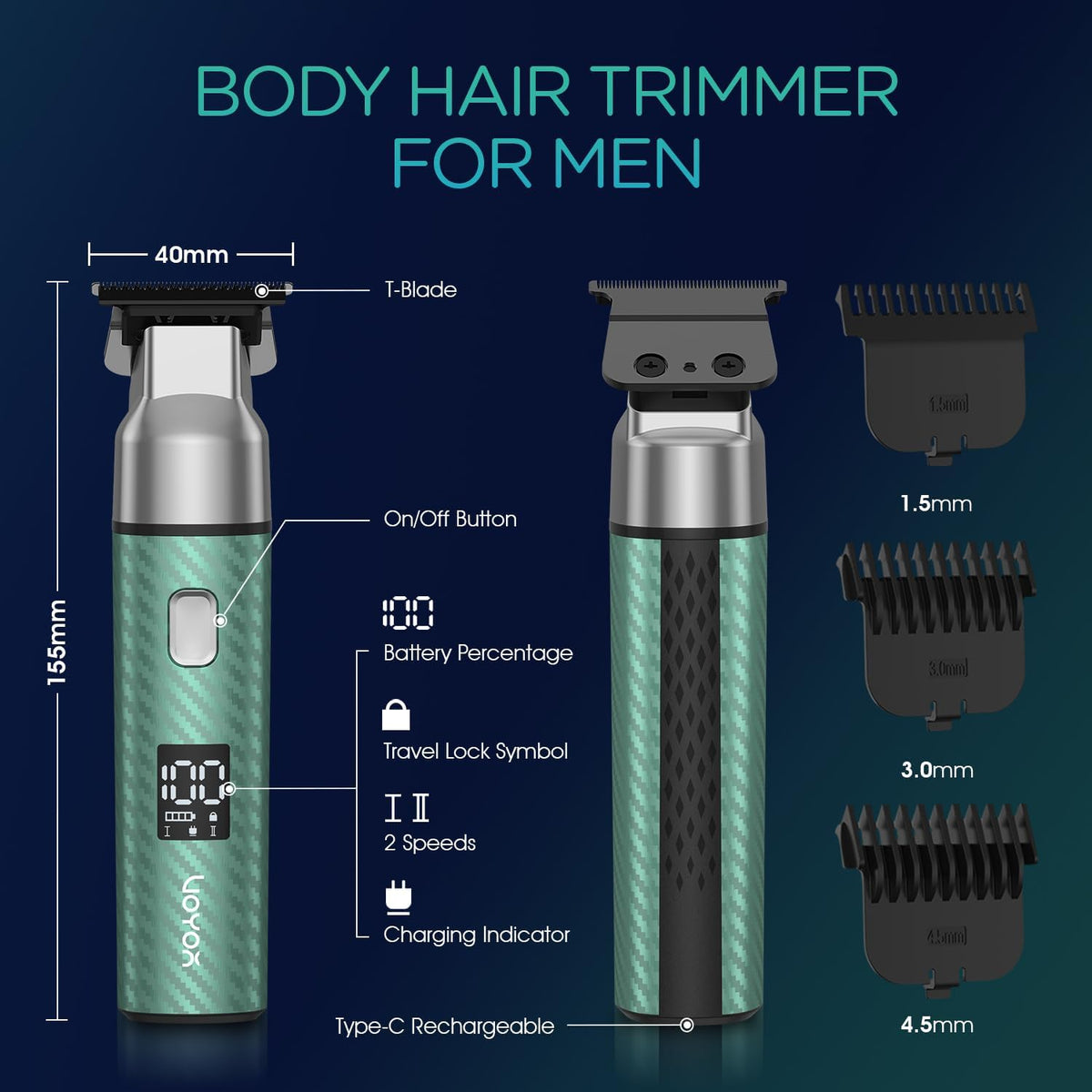 VOYOR Body Hair Trimmer for Men,Electric Razor,Versatile Groin & Body Trimmer,Waterproof and Cordless Shaver,Manscaper for Men,USB-C Charging Groomer,Ceramic Blade Razor Male Grooming HT310 (Green)