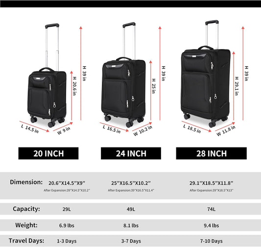 3-Piece Softside Expandable Luggage Set with Front Open Pocket, Lightweight and Durable Oxford Fabric Suitcase Set with TSA Lock (Black, 20in/24in/28in)