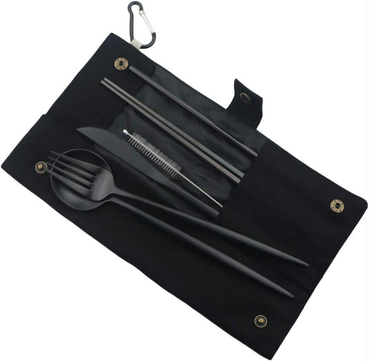 Gugrida Luxury Black Matte Portable 18/10 Stainless Steel Travel Flatware Sets of 7 Portable Camping Cutlery Set, Healthy & Eco-Friendly Flatware Set with Carrying Case for Travel or Camping