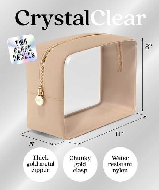 Clear Makeup Bag Zipper Pouch, Transparent Cosmetic Case Organizer, TSA Approved Travel Toiletry Case, Travel Accessories Essentials Makeup Tote for Women, Large Cute Make up Bag for Purse - Sand