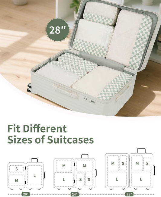 Narwey 7 Set Checkered Packing Cubes for Travel Carry on Suitcase Luggage Organizer Bags for Kids Women Men, Durable Packing Organizers Bag, Travel Essentials Accessories (Mint Green Checkerboard)