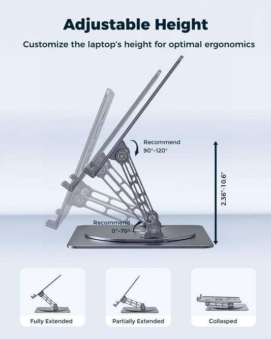 Adjustable Laptop Stand for Desk - Portable Laptop Riser with Rotating Base, Foldable Aluminum Computer Stand, Ergonomic Laptop Holder for MacBook Pro/Air Dell HP Lenovo Notebook up to 15.6", Gray