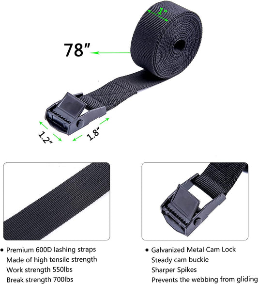Premium Lashing Nylon Strap - Cam Buckle Tie Down Straps Heavy Duty Secure Straps up to 500 lbs Capacity for Motorcycle,SUP, Kayak, Canoe, Surfboard, Cargo, Boat,Trailer, Moving(1'' x 6.5Ft Black)