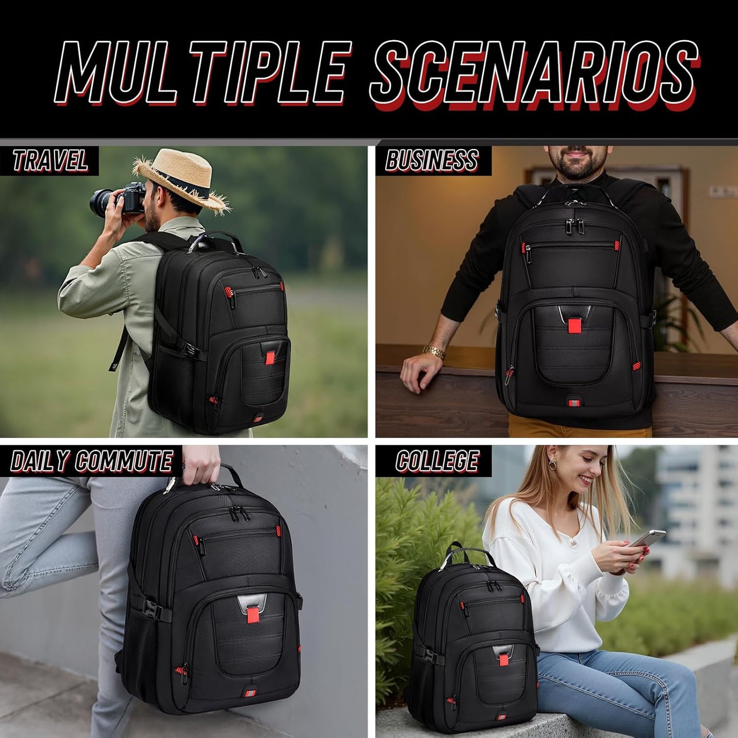 Z-MGKISS Travel Backpack, 50L Extra Large Travel Laptop Backpack, Travel Backpack for Men Women with TSA Airline Approved Bussiness Backpack, Black