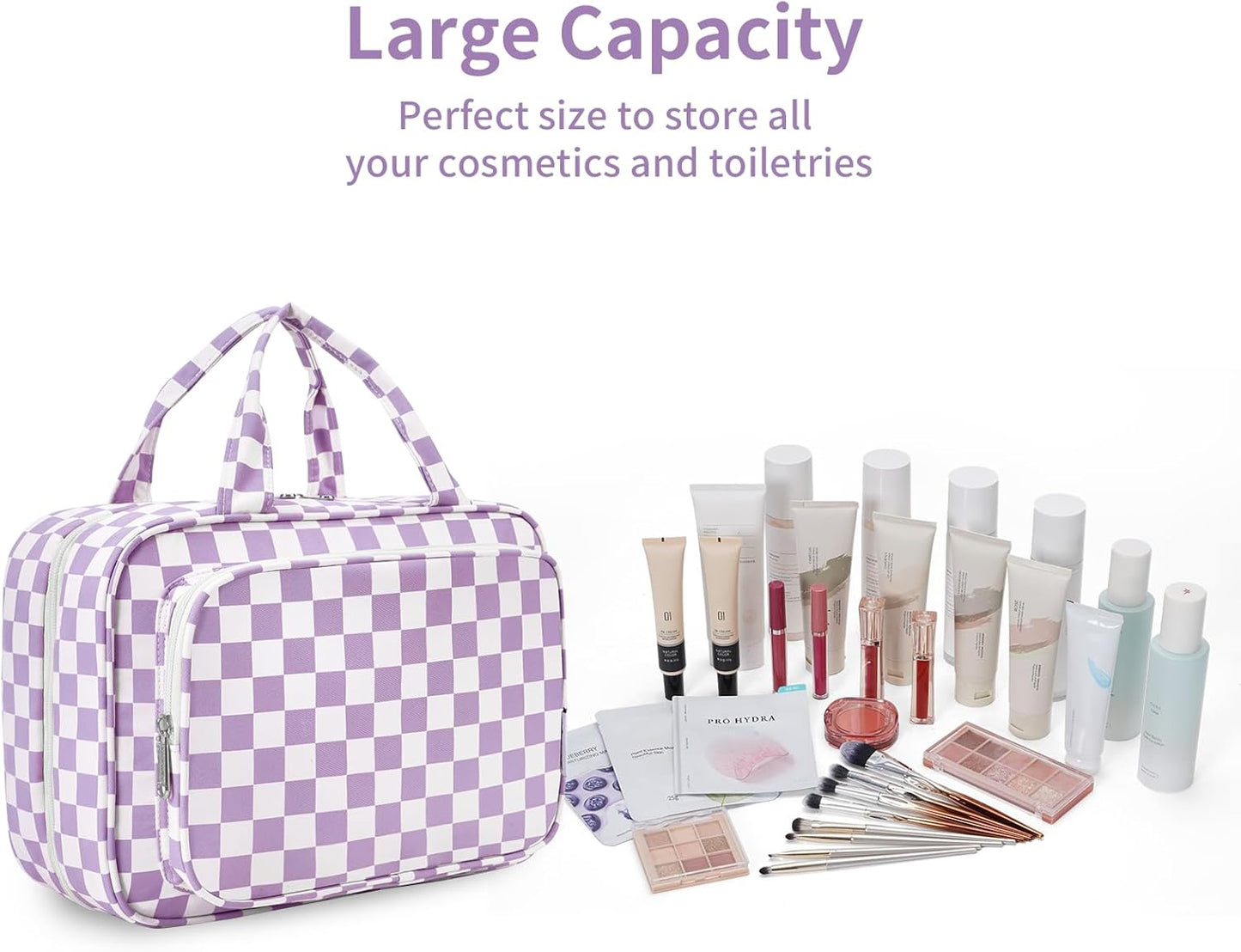 Narwey Travel Toiletry Bag for Women Large Hanging Makeup Bag Organizer Toiletries Bag for Full Size Essentials Accessories Cosmetics (Purple Checkerboard (Large))