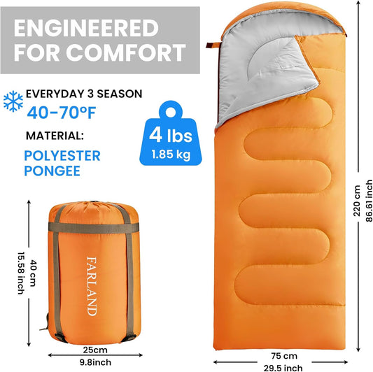 FARLAND Sleeping Bags 30℉ for Adults Teens Kids with Compression Sack Portable and Lightweight for 3-4 Season Camping, Hiking,Waterproof, Backpacking and Outdoors