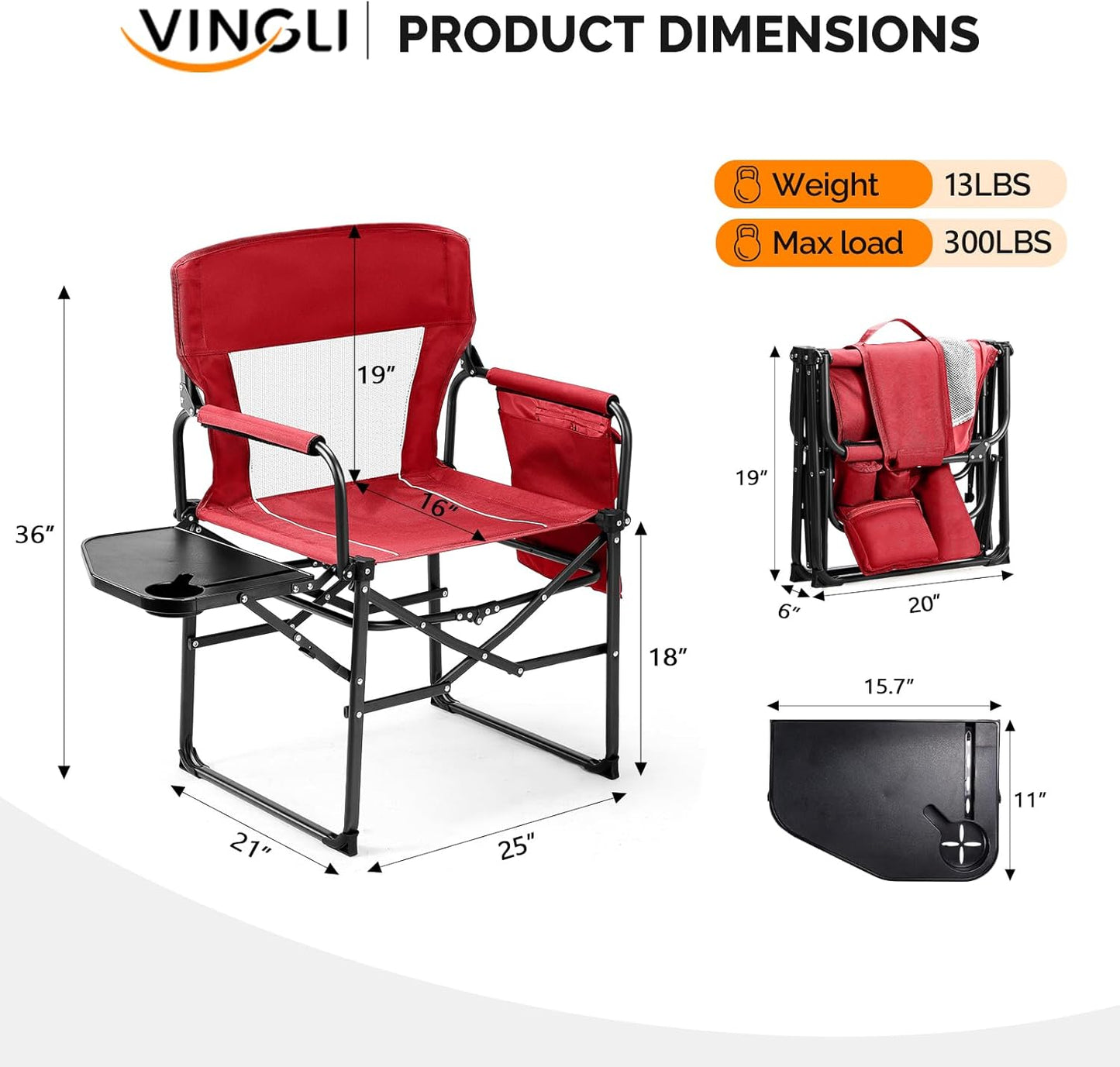 VINGLI Camping Chairs, Directors Chair, Camping Chair with Side Table & Carry Bag,Heavy Duty Camping Chairs for Adults, Portable Folding Camping Chair, Pocket for Beach, Fishing,Trip,Picnic,Lawn-Red