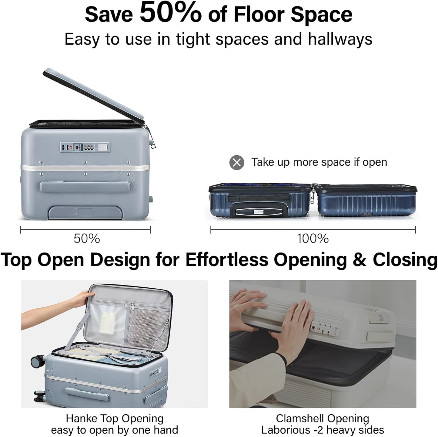 Hanke 20 Inch Carry On Luggage with Cup Holder and Charge,Top Opening Hard Shell Suitcases with Wheels and Dividers,Aluminum Frame Trunk Luggage Small Suitcase with Lock for Travel,Gray