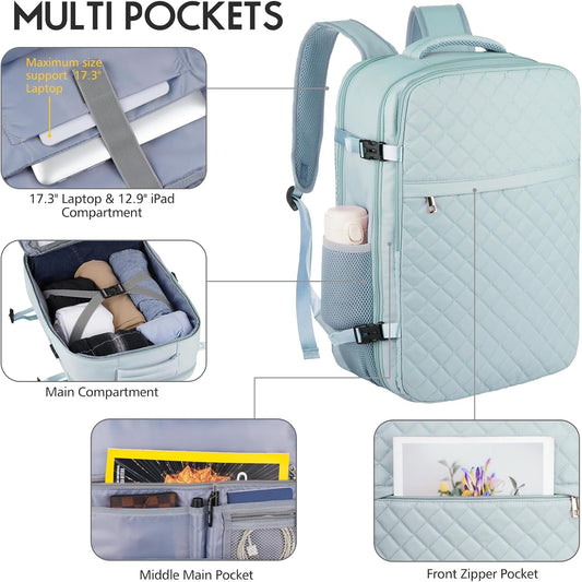 MOMUVO Large Travel Backpack Women, Flight Approved Carry On Backpack, Water Resistant Anti-Theft Large Casual Daypack Fit 17 Inch Laptop with USB Charging Port, Blue